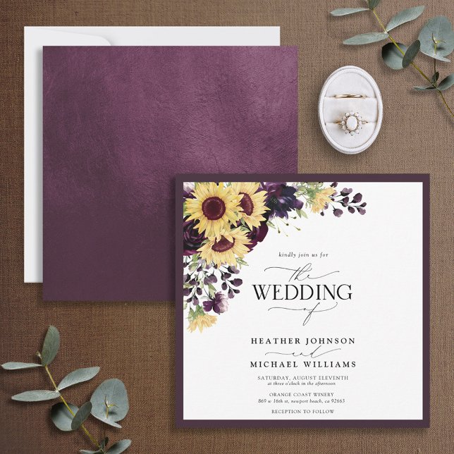 Invitación Elegante Plum Purple Sunflower Boda de acuarela (Subido por el creador)