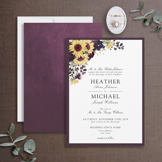 Invitación Elegante Plum Purple Sunflower Boda de acuarela (Subido por el creador)
