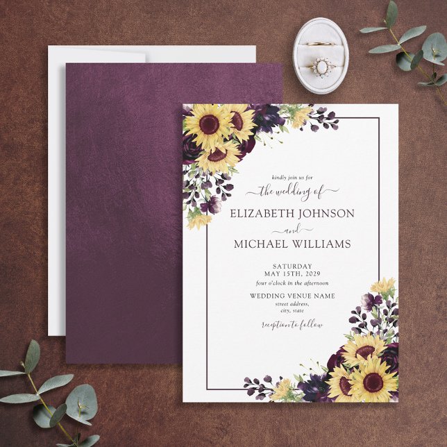 Invitación Elegante Plum Purple Sunflower Boda de acuarela (Subido por el creador)