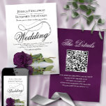 Invitación Elegante Plum Rosa púrpura Fancy QR Code Boda<br><div class="desc">Esta hermosa invitación a la boda cuenta con una magnífica fotografía de un único rosa de color púrpura de ciruela o berenjena de tallo largo sobre su lado, reflejado en un estanque de agua con olas y ondas. El diseño presenta un guión de caligrafía sofisticada con una larga cola rizada...</div>