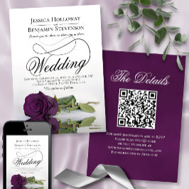 Invitación Elegante Plum Rosa púrpura Fancy QR Code Boda