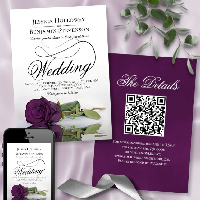 Invitación Elegante Plum Rosa púrpura Fancy QR Code Boda (Subido por el creador)