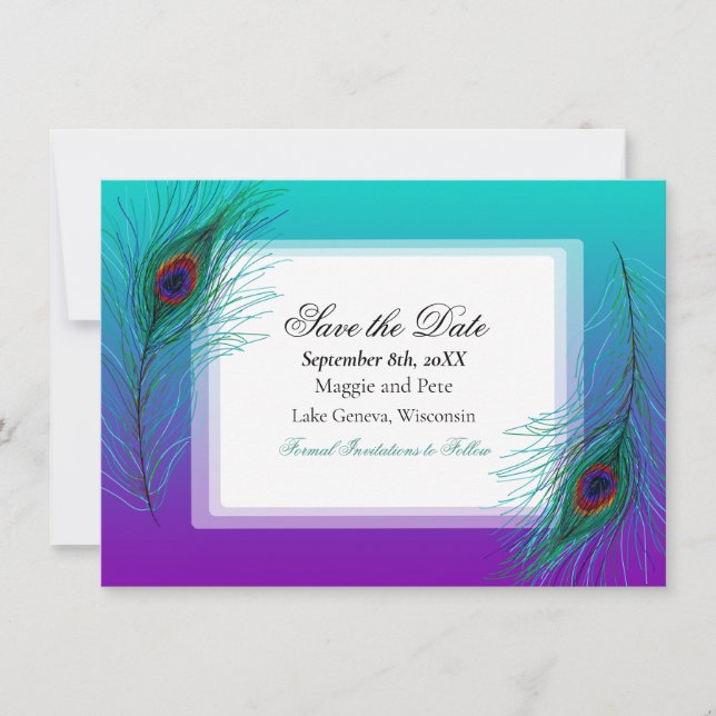 Invitación Elegante pluma de pavo real salva la fecha (Anverso)