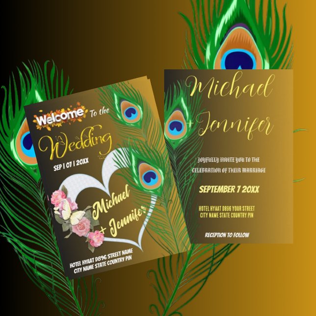 Invitación Elegante pluma de pavo real y boda personalizada R (Subido por el creador)