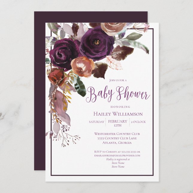 Invitación Elegante Pluma Floral Morado y Baby Shower Oro (Anverso / Reverso)