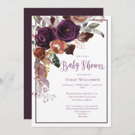 Invitación Elegante Pluma Floral Morado y Baby Shower Oro