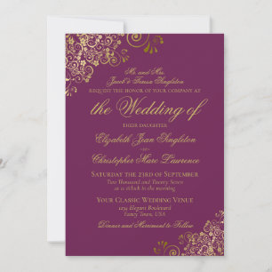 Invitación Elegante Pluma Magenta y Boda formal con clase Gol