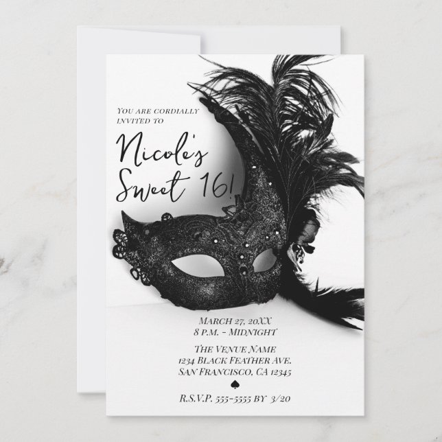 Invitación Elegante Pluma Mascarada Negro & Blanco Dulce 16 (Anverso)