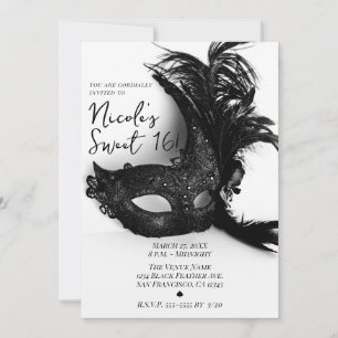 Invitación Elegante Pluma Mascarada Negro & Blanco Dulce 16