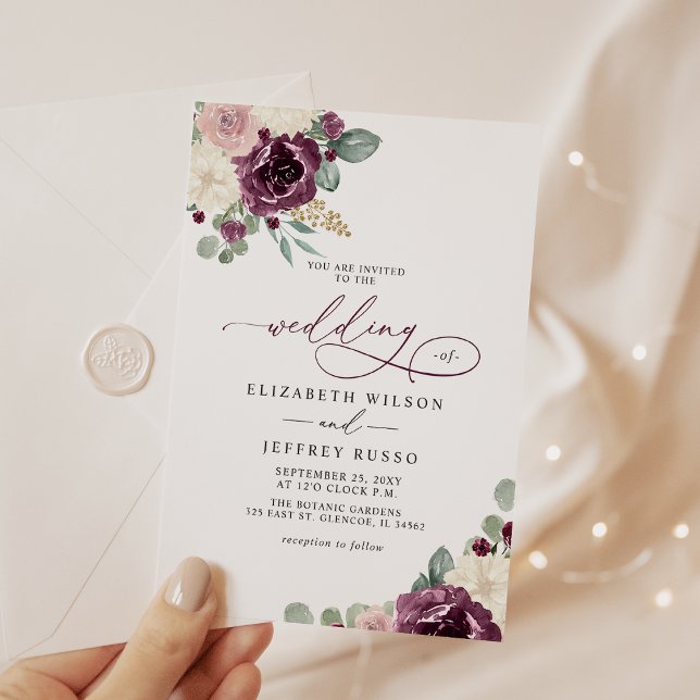 Invitación Elegante Pluma Moderna Boda Botánica de Oro Floral (Elegant Modern Plum Gold Botanical Floral Wedding Invitation)