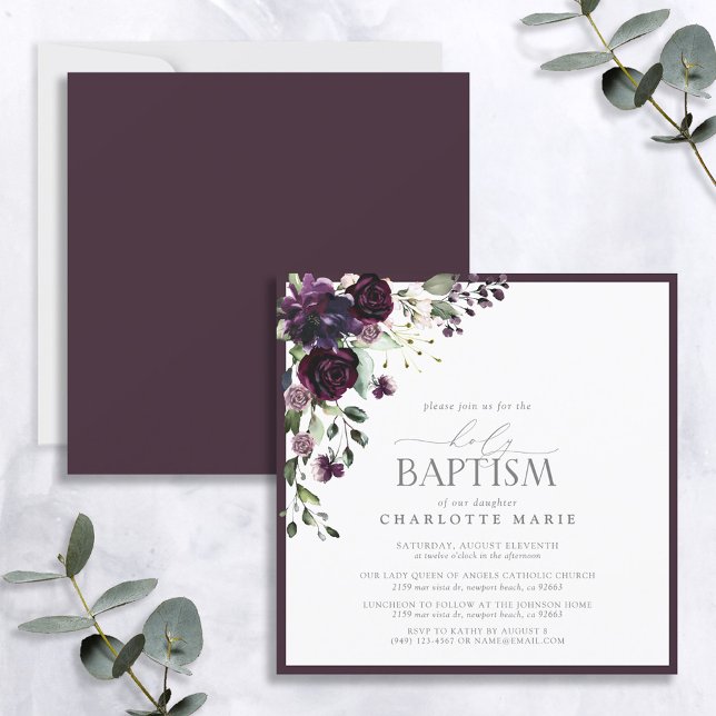 Invitación Elegante Pluma Morado Acuarela Floral Baptismo Beb (Subido por el creador)