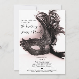 Invitación Elegante Pluma Negra Máscara Rubor Boda