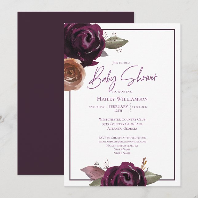 Invitación Elegante Pluma, Purple y Gold Baby Shower (Anverso / Reverso)