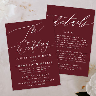 Invitación Elegante Pluma Roja Oscura Borgoña Blanco El Boda