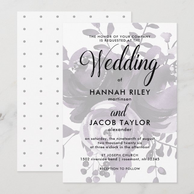 Invitación Elegante Pluma y Gris con Boda Floral y de puntos (Anverso / Reverso)