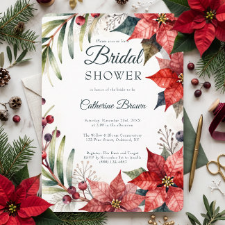 Invitación Elegante Poinsettia Acuarela Lluvia Invernal de Bo