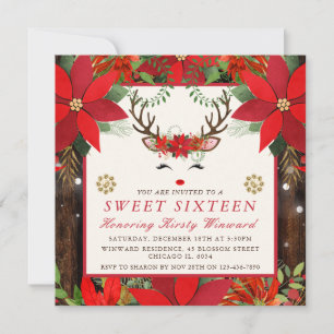 Invitación Elegante Poinsettia de Navidad Renoce Dulce 16