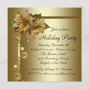 Invitación Elegante Poinsettia de Oro Fiesta de Navidad Black