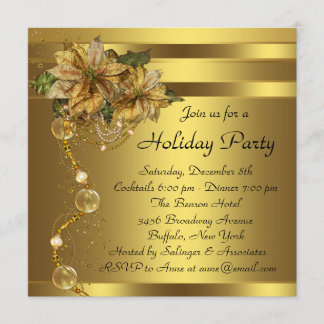 Invitación Elegante Poinsettia de Oro Fiesta de Navidad Black