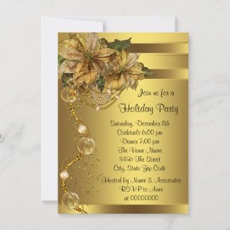 Invitación Elegante Poinsettia de Oro Fiesta de Navidad en Or