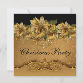 Invitación Elegante Poinsettia de Oro Negro Fiesta de Navidad