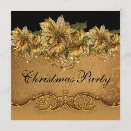 Invitación Elegante Poinsettia de Oro Negro Fiesta de Navidad