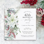 Invitación Elegante Poinsettia floral 40 de diciembre cumplea<br><div class="desc">Con todas las vibraciones festivas de la temporada de los Navidades, este diseño fiesta de 40 años con temática invernal presenta un hermoso ramo en cascada de poinsettias de color blanco y elementos florales rojos y verdes sobre un fondo blanco limpio. Puede editar la edad a cualquier edad si es...</div>
