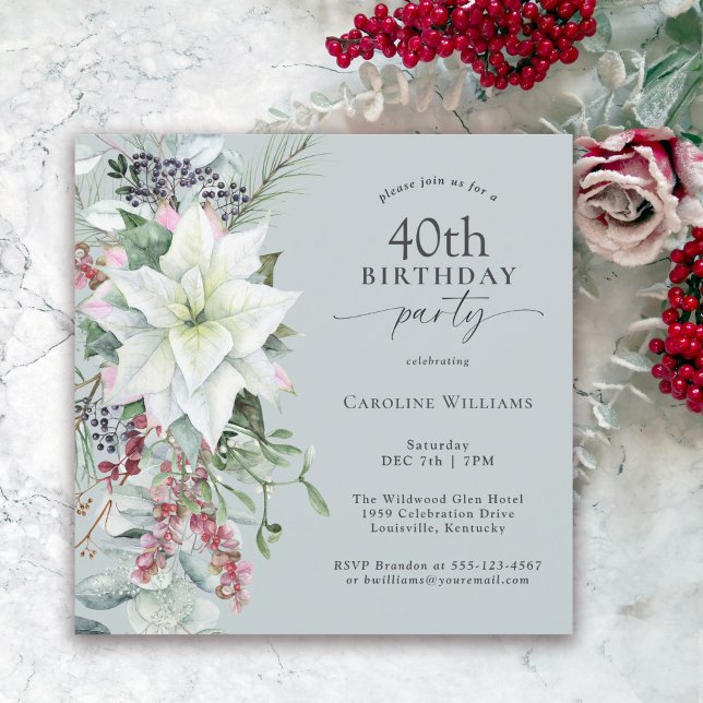 Invitación Elegante Poinsettia floral 40 de diciembre cumplea (Available in both printed and instant download digital format.)