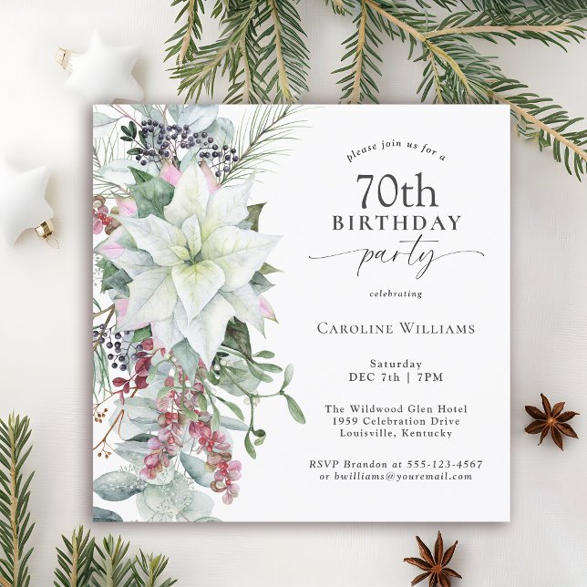 Invitación Elegante Poinsettia floral 70 de diciembre cumplea (Available in both printed and instant download digital formats.)