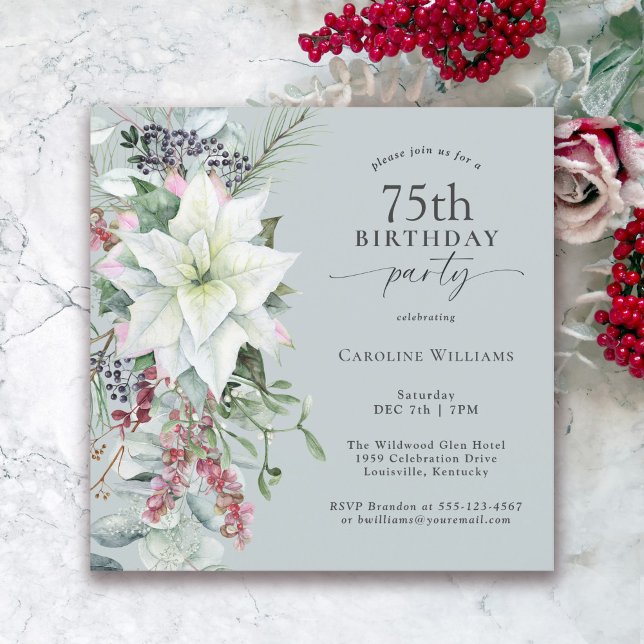 Invitación Elegante Poinsettia floral 75 de diciembre cumplea (Available in both printed and instant download formats.)