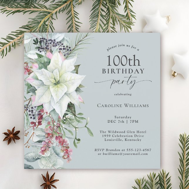 Invitación Elegante Poinsettia floral Diciembre 100 cumpleaño (Available in both printed and instant download paperless formats.)
