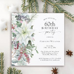 Invitación Elegante Poinsettia floral Diciembre 60 cumpleaños<br><div class="desc">Con todas las vibraciones festivas de la temporada de Navidades, este diseño de fiesta de cumpleaños 60 con temática invernal presenta un hermoso ramo en cascada de poinsettias de color blanco y elementos florales rojos y verdes sobre un fondo blanco limpio. Puede editar la edad a cualquier edad si es...</div>