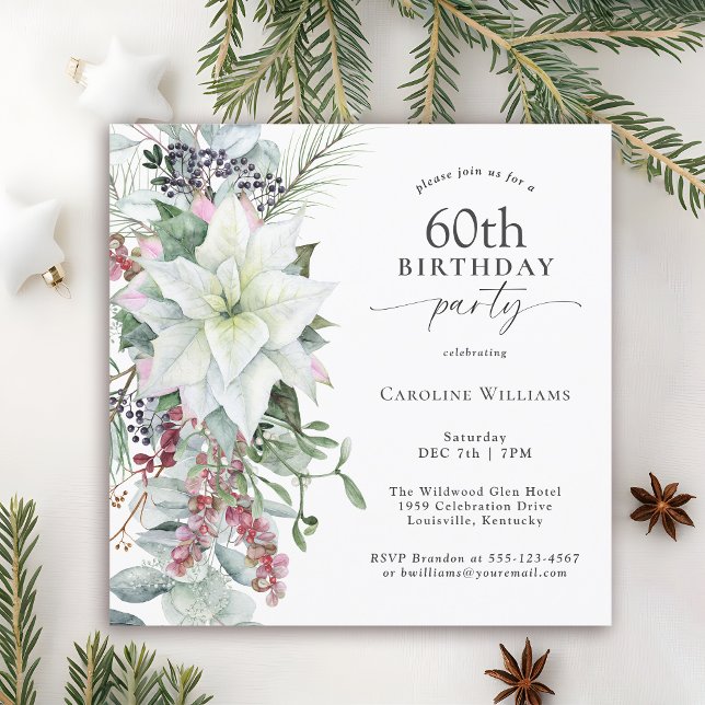 Invitación Elegante Poinsettia floral Diciembre 60 cumpleaños (Available in both printed and instant download digital format.)