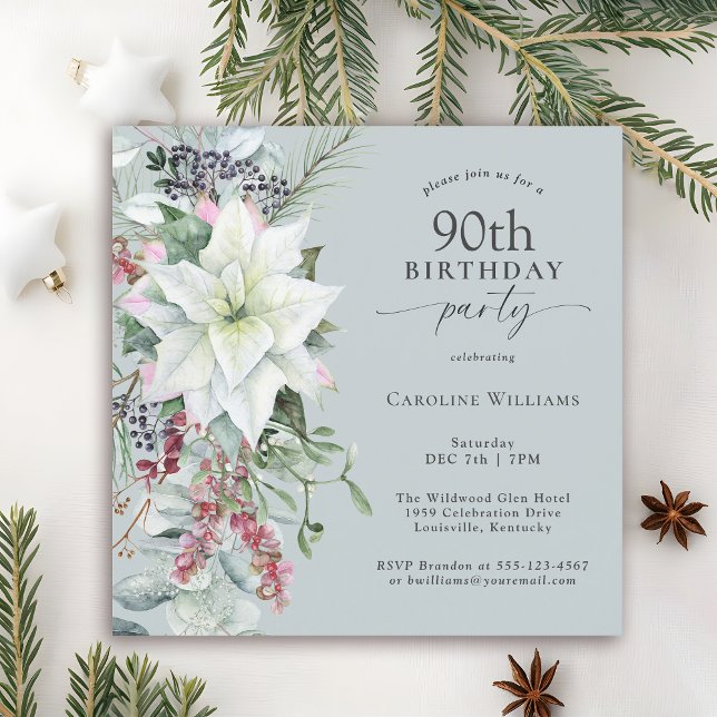 Invitación Elegante Poinsettia floral Diciembre 90 cumpleaños (Available in both printed and instant download digital formats.)