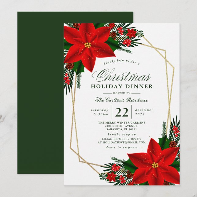 Invitación Elegante Poinsettia Pine Greenery Navidades Cena (Anverso / Reverso)