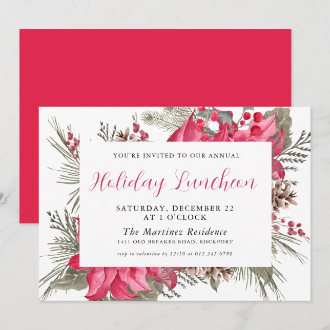 Invitación Elegante poinsettia roja botánico almuerzo de vaca (Anverso / Reverso)