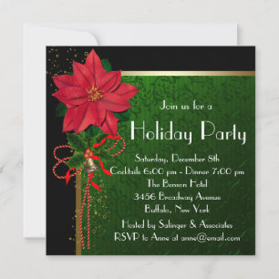 Invitación Elegante poinsettia roja de fiesta de Navidad verd