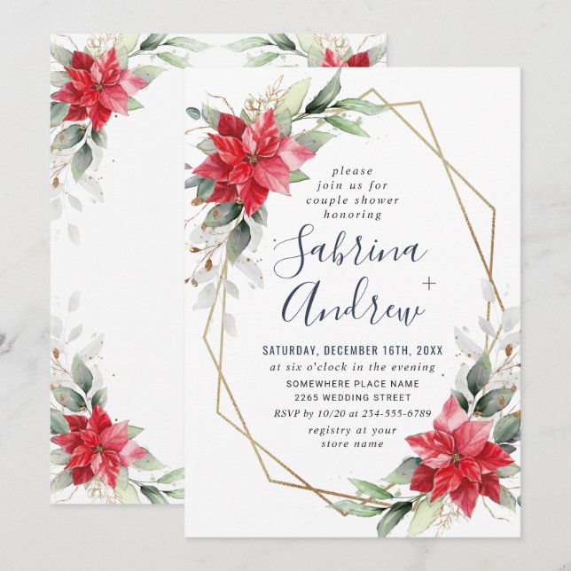 Invitación Elegante Poinsettia Roja Winter Floral Couple Duch (Anverso / Reverso)