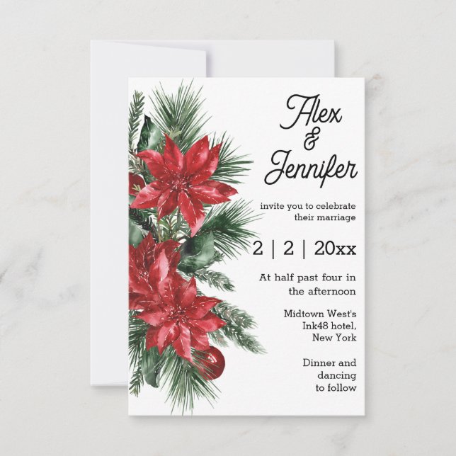 Invitación elegante poinsettia roja y boda de pino (Anverso)