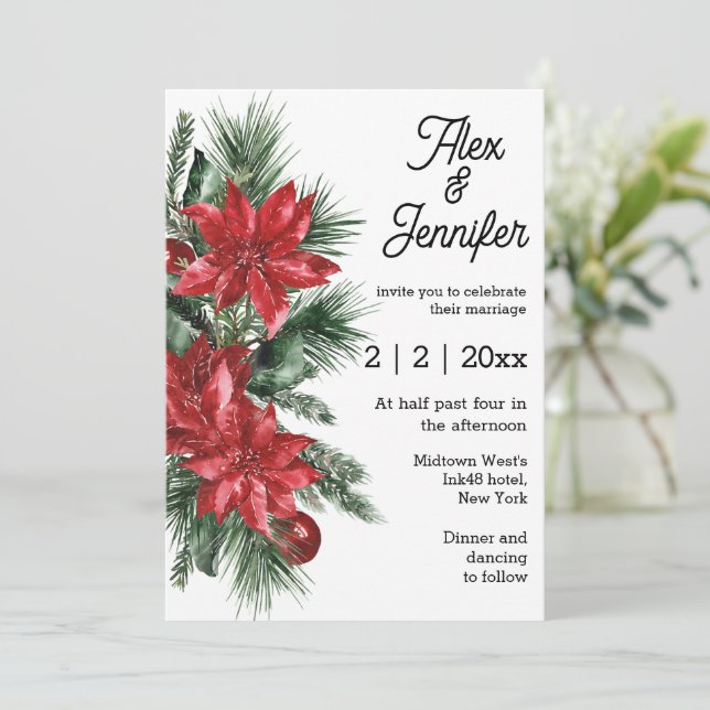 Invitación elegante poinsettia roja y boda de pino (Anverso de pie)