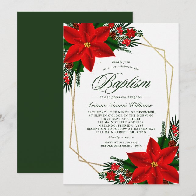 Invitación Elegante Poinsettia Rojo Pino Verdor Bautismo (Anverso / Reverso)