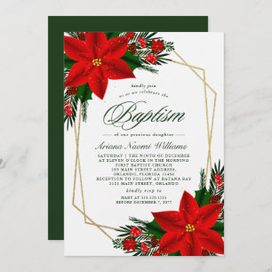 Invitación Elegante Poinsettia Rojo Pino Verdor Bautismo