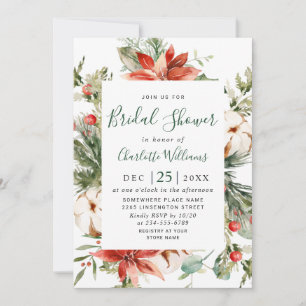 Invitación Elegante Poinsettia Rojo Watercolor Bridal Shower