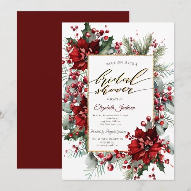 Invitación Elegante Poinsettia Winter Bridal Shower (Anverso / Reverso)
