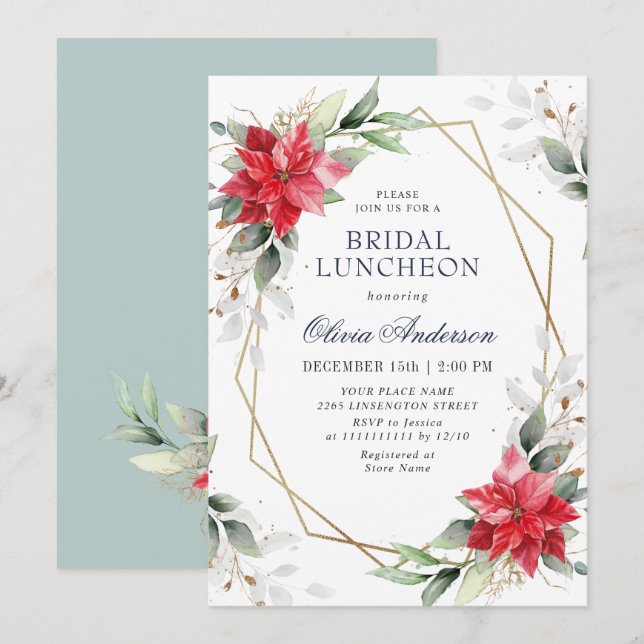 Invitación Elegante Poinsettia Winter Greenery BRIDAL LUNCHEO (Anverso / Reverso)