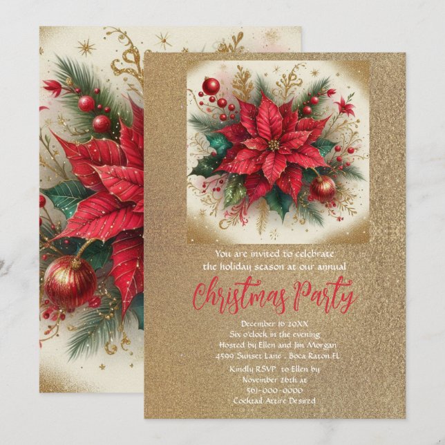 Invitación Elegante Poinsettia y Purpurina de oro (Anverso / Reverso)
