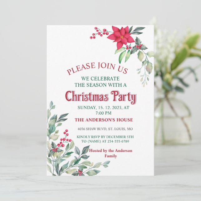 Invitación Elegante PoinsettiaGreen Leaves Red Holly Berries (Anverso de pie)