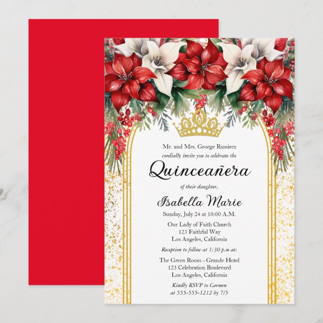 Invitación Elegante Poinsettias Floral Quinceañera Fiesta (Anverso / Reverso)
