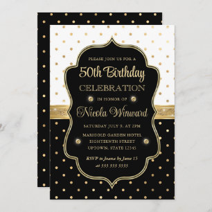 Invitación Elegante Polka Blanco y Negro puntos 50 cumpleaños