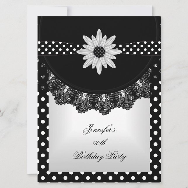 Invitación Elegante Polka Dot Black White Lace Flor (Anverso)